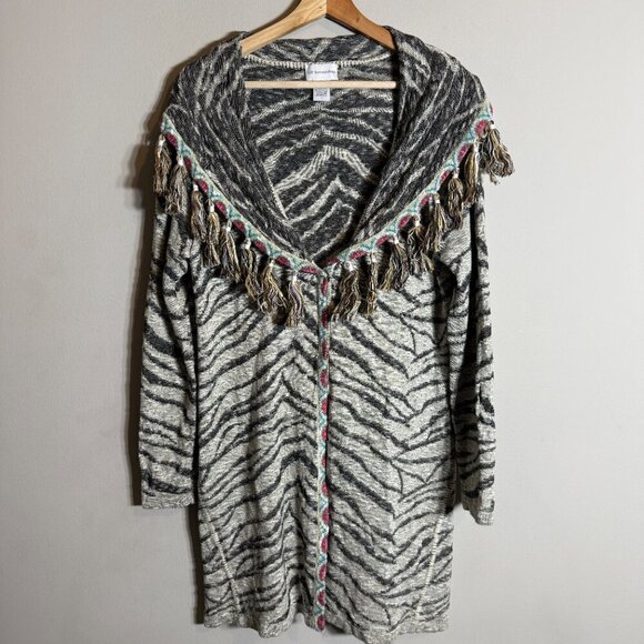 Soft Surroundings Zebra Print Fringe Knit Cardigan Sweater Women's Medium Shawl - Picture 4 of 13